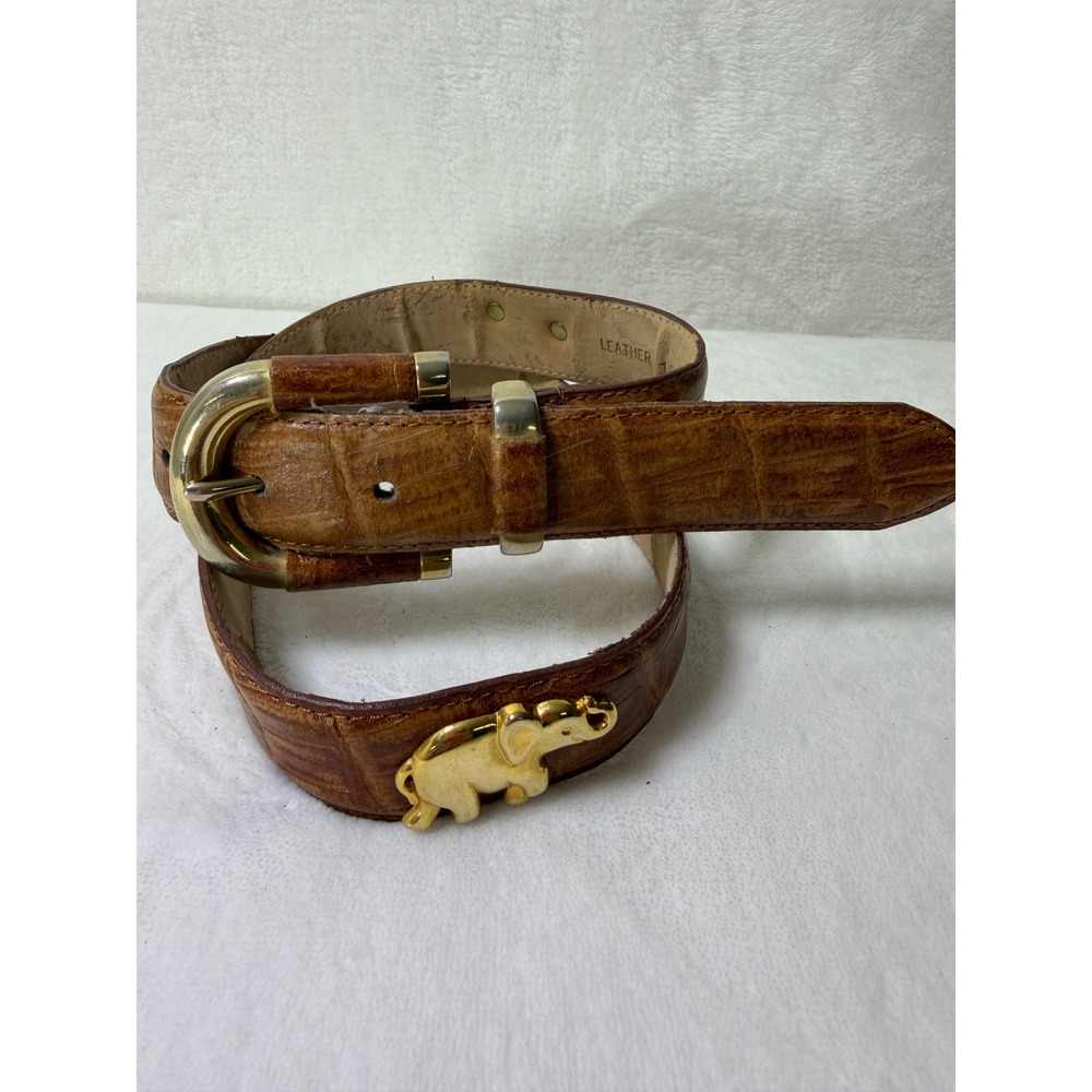 Womens M Cognac Brown Crocodile Embossed Leather Belt Elephant Lion Animals